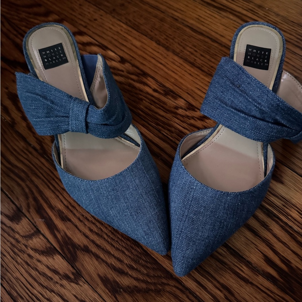 White House Black Market Denim Blue Mules